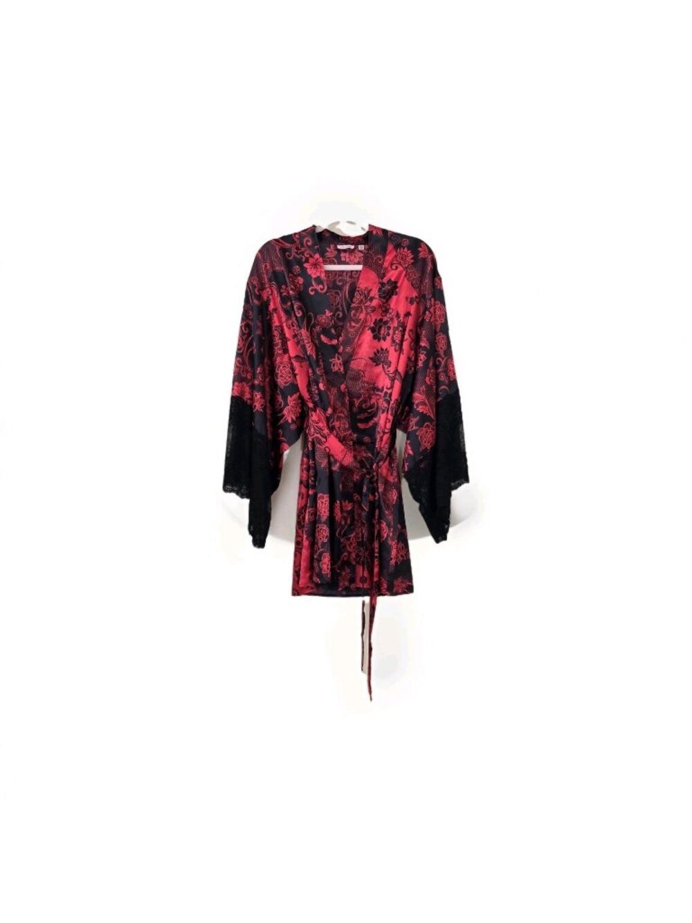la Vie en Rose Satin Kimono Robe L/XL Red Black Floral Lace Sleeve Short Belted